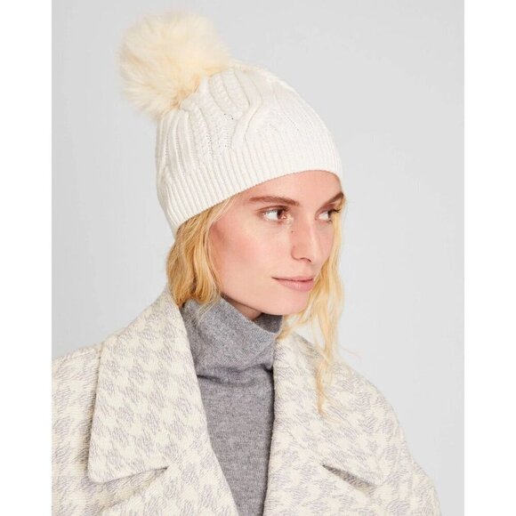 CLUB MONACO Adorelli Hat Cable Knit Wool Beanie with Faux Fur Pompom Cream - Picture 2 of 8